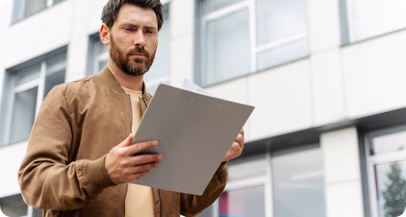 Klient kancelarii czytający dokuemnty w sprawie o odszkodowanie za wypadek przy pracy.